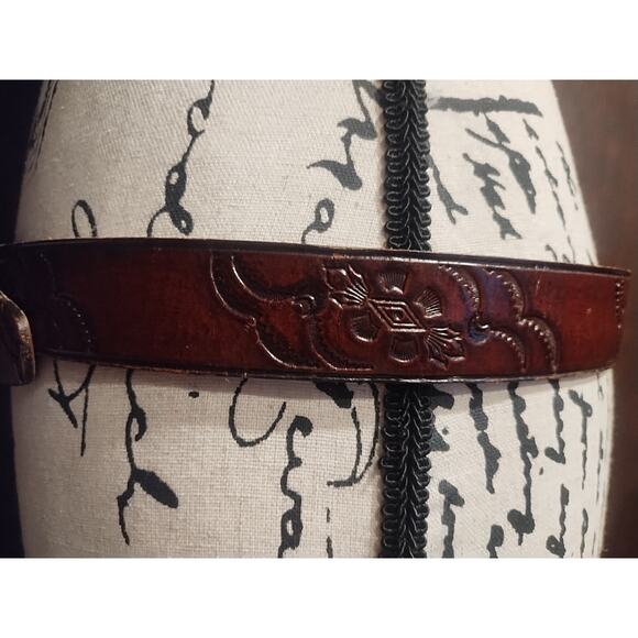 Vintage Womens Tooled Leather Belt L/XL Brown Floral Bohemian Western 33-37 main image 6